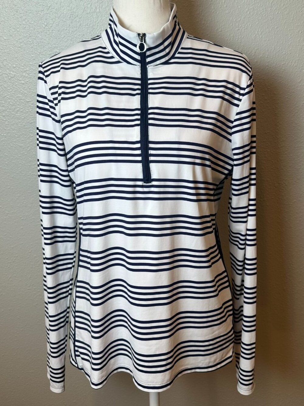KINONA Navy Striped Half Zip Golf Pullover Size M O-Ring Mock Neck UPF Top